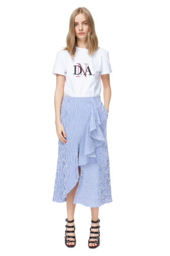 BELLE striped midi skirt in blue with side pockets and a front split.