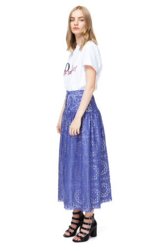 EMMA lace midi skirt in deep-sea blue with contrasting trim and a row of buttons in white