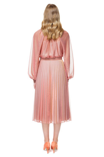 LOLA pleated midi skirt in pink and gold chameleon.