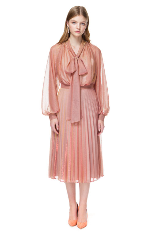 LUISA bow blouse with puff sleeves in sheer pink and gold chameleon.