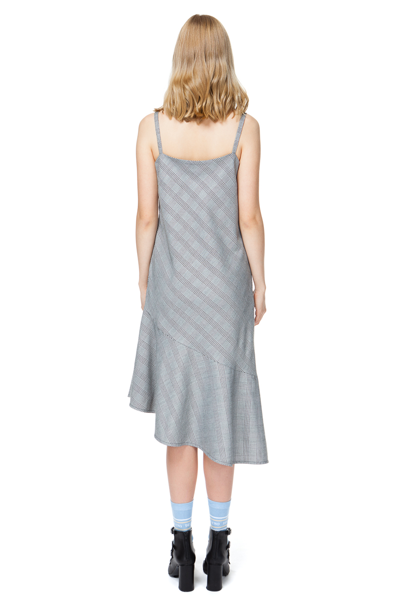 THALIA cami dress with an asymmetric hem in grey check.