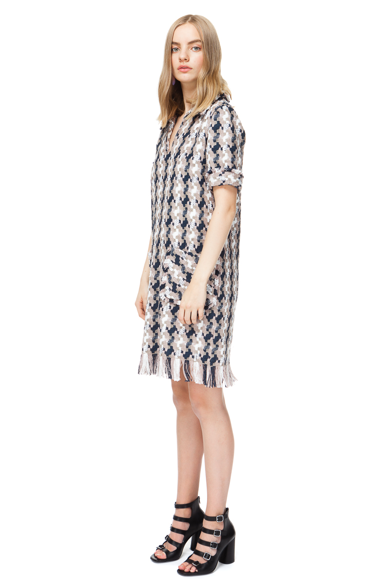 HAILEY raw edge tweed dress with patch pockets and frayed hem.