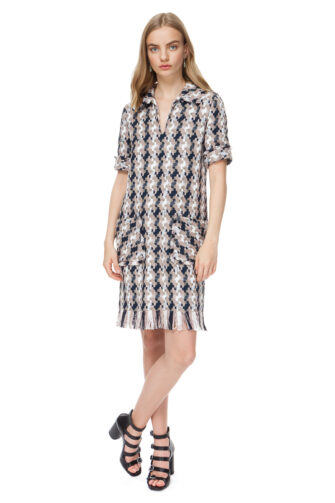 HAILEY raw edge tweed dress with patch pockets and frayed hem.