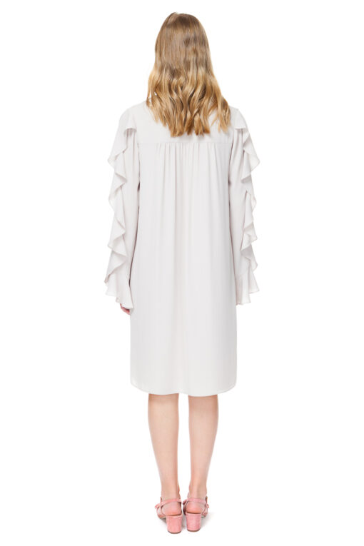 FLO long sleeve midi dress with frills in pleasing ivory nude.