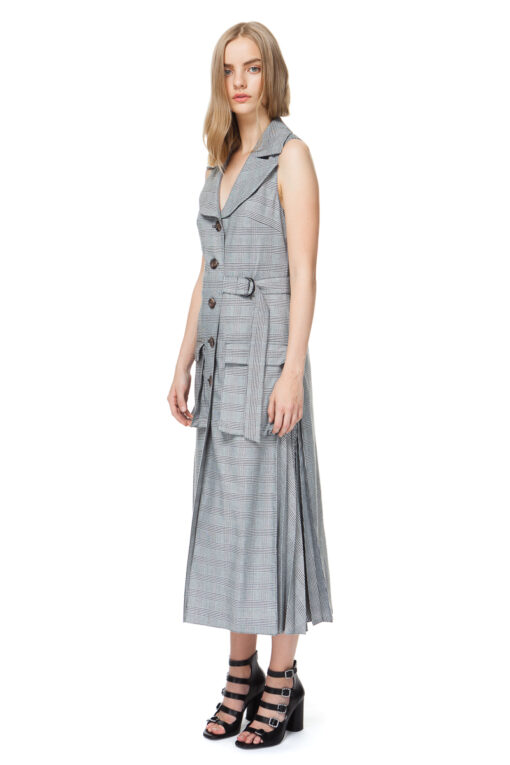ARLENE sleeveless coat in grey check with pleated details