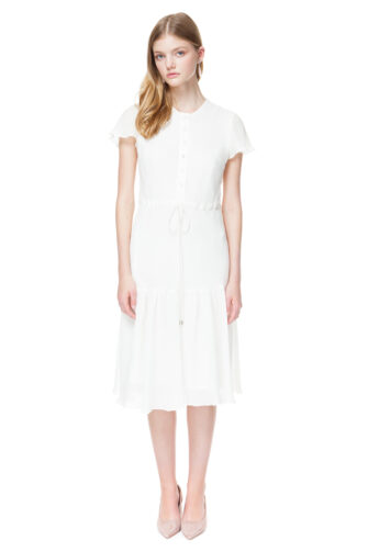 ARETHA white midi dress with ruffled hem and flirty bell sleeves.