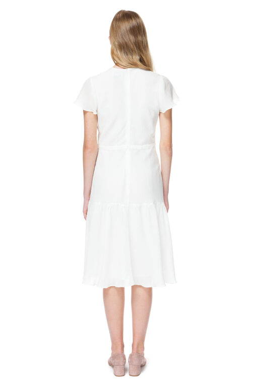 ARETHA white midi dress with ruffled hem and flirty bell sleeves.