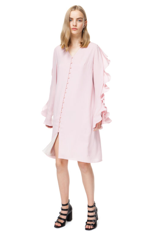 FLO long sleeve midi dress with frills in pleasing blossom pink.