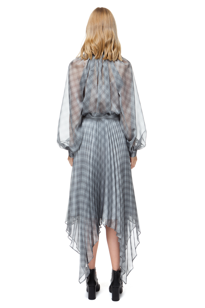 LUISA bow blouse with puff sleeves in sheer grey check.
