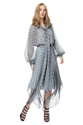 LUISA bow blouse with puff sleeves in sheer grey check.