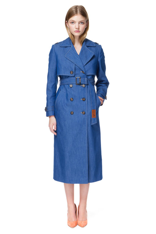 ARIA trench coat in sea-blue denim.