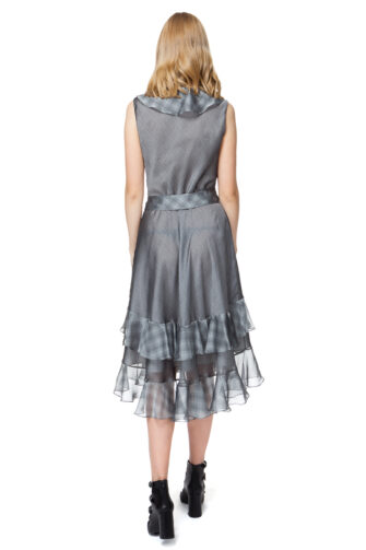 JOANNA ruffled dress with a belt in grey check.