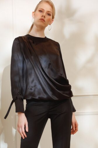 DIANA ARNO LILY DRAPED SILK BLOUSE IN SMOOTH BLACK