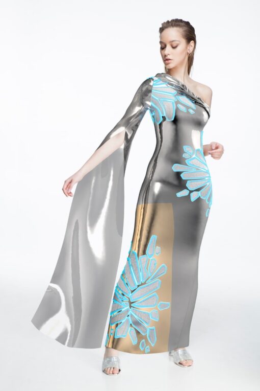 3D ONE-SHOULDER GOWN IN SILVER IONS