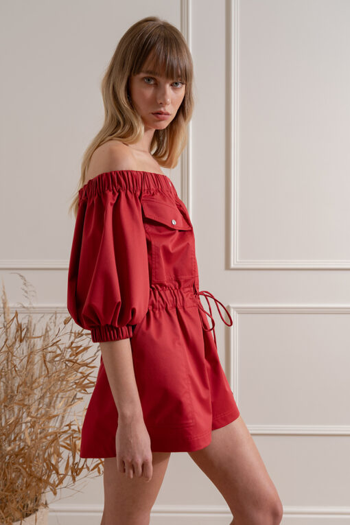 DAISY OFF SHOULDER PLAYSUIT IN CHERRY RED