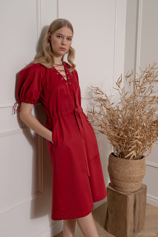 ASTRID BALLOON SLEEVE DRESS IN CHERRY RED