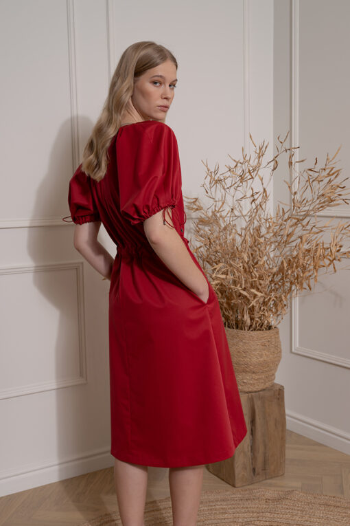 ASTRID BALLOON SLEEVE DRESS IN CHERRY RED